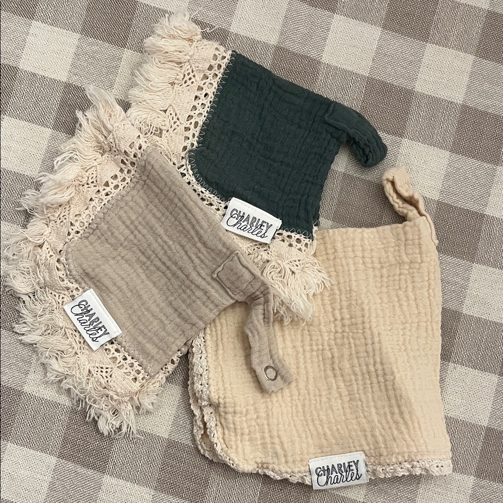 Pacifier holder security Blanket set- Green, Beige, Cream. Charley Charles brand